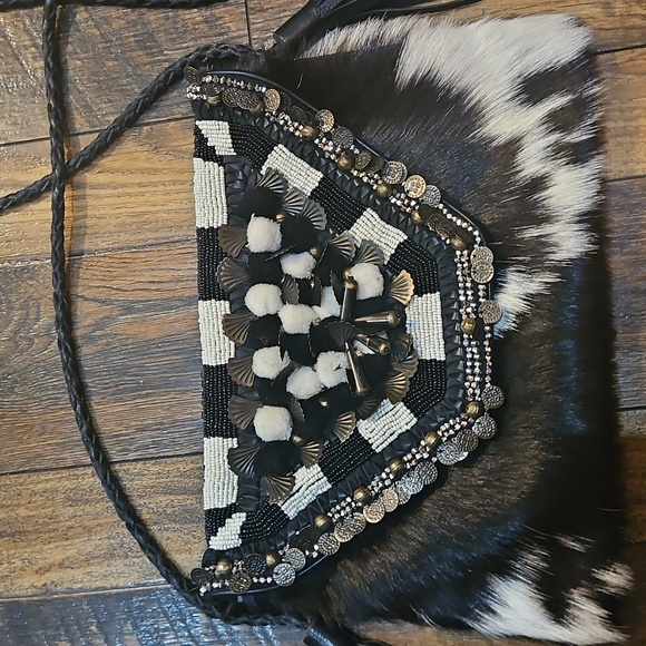 Anthropologie Handbags - Anthropologie Ibban Calf Hair Leather Black and White Beaded Women's Purse.‎
